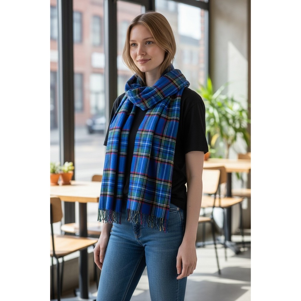 Blue Tartan Plaid 100% Cashmere Scarf Made in Scotland Fringe Trim Unisex Luxury